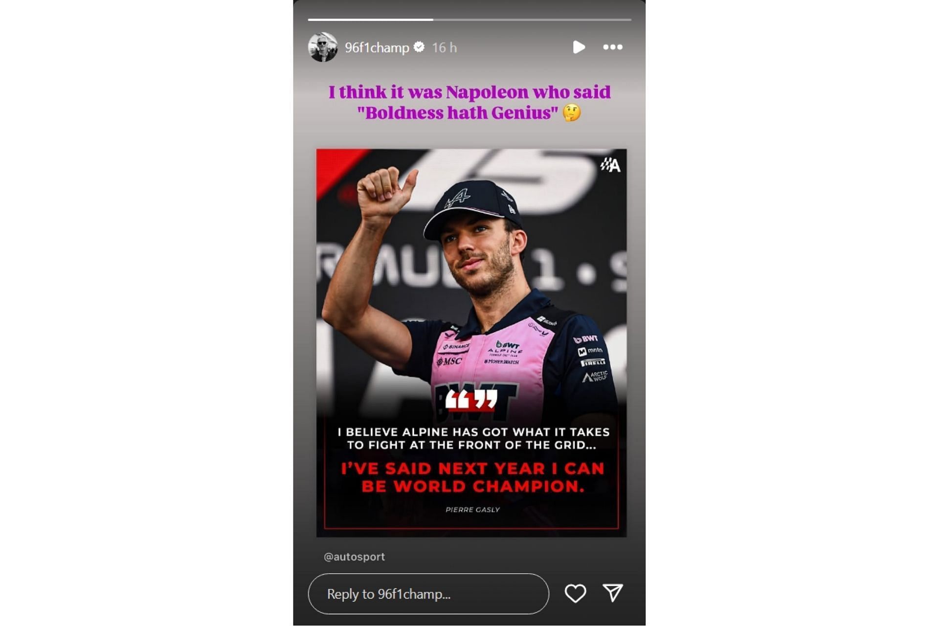 Damon Hill's reaction to Pierre Gasly's statement (@96f1champ on Instagram)